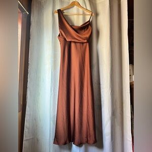 Women’s Brown Satin Spaghetti Strap Backless Midi Dress